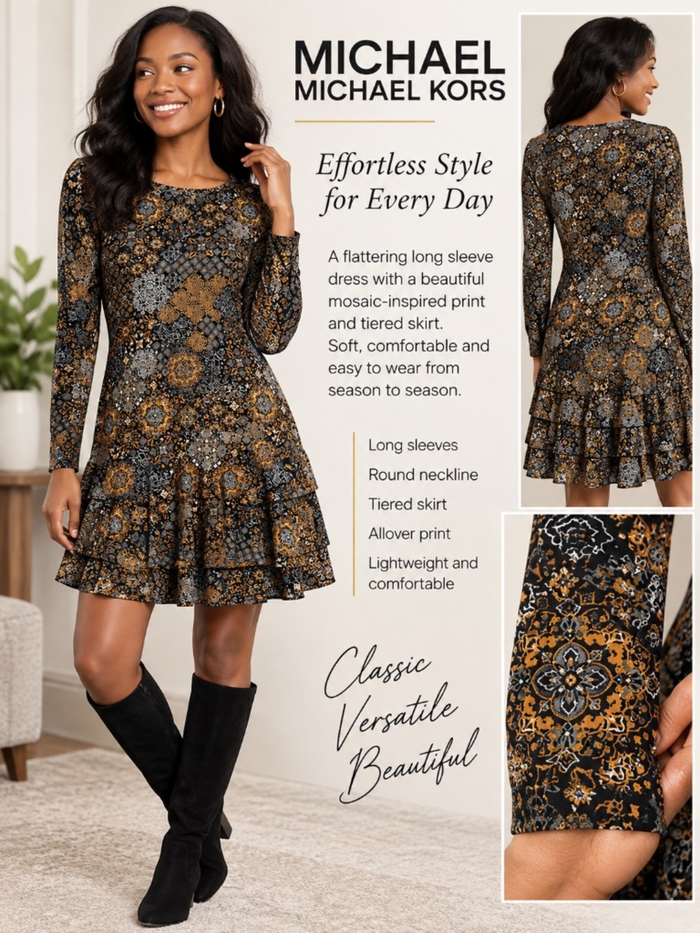 Michael Michael Kors Mosaic Print Long Sleeve Tiered Dress Size S